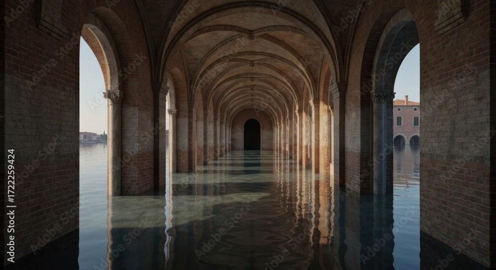 Naklejka premium Flooded Venetian archway hallway