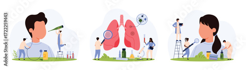Respiratory system infection in children, diagnosis and treatment set. Tiny people diagnose flu and cold virus in girl and boy, pneumonia inflammation in patients lungs cartoon vector illustration