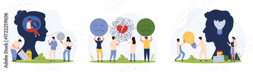 Mental health therapy set. Tiny people replace dark light bulb to bright inside human head, untangle tangle of threads, difficult relationship during divorce and separation cartoon vector illustration