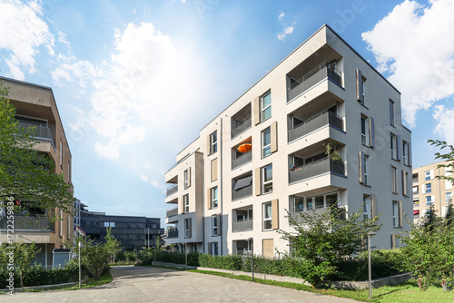 Residential area with ecological and sustainable green residential buildings, low-energy houses with modern apartments, new green urban landscape in the city