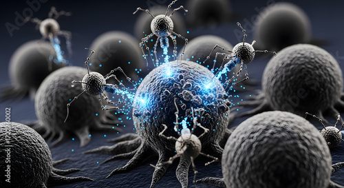 Microscopic view of nanobots attacking a cancerous cell, showcasing advanced medical research and futuristic treatment concepts.
