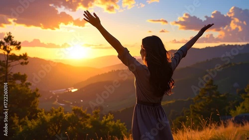 Person basking in the sunset on a mountain top, arms wide, in an open-sky vista