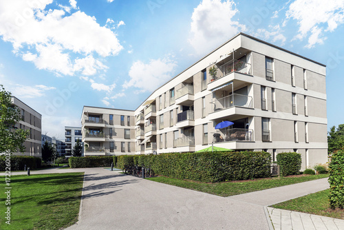 Residential area with ecological and sustainable green residential buildings, low-energy houses with modern apartments, new green urban landscape in the city