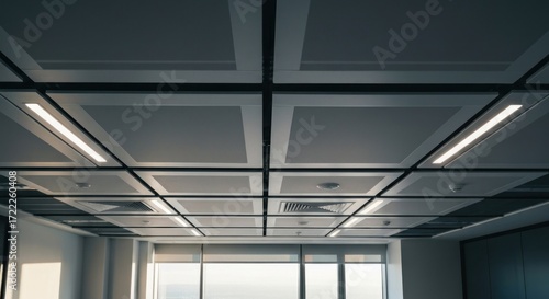 Interior ceiling view, modern grid pattern
