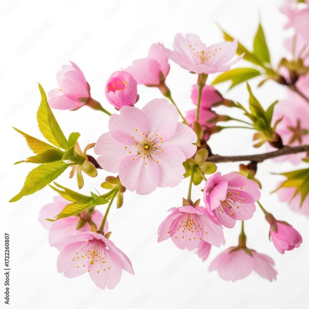 Obraz premium Delicate pink cherry blossom branch with green leaves against a clean white backdrop