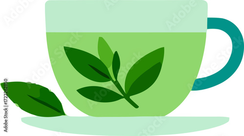 Fresh green tea with leaves in a bright cup on a saucer