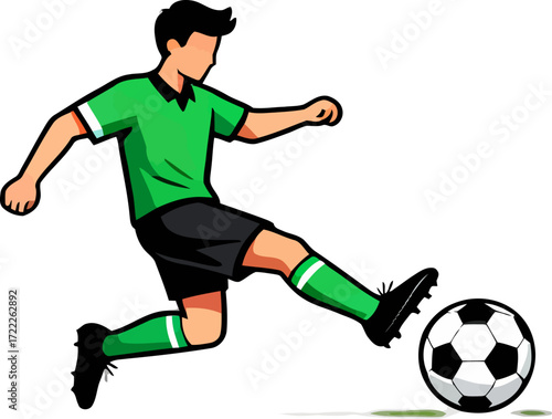 Green soccer player kicking a ball during a match in action