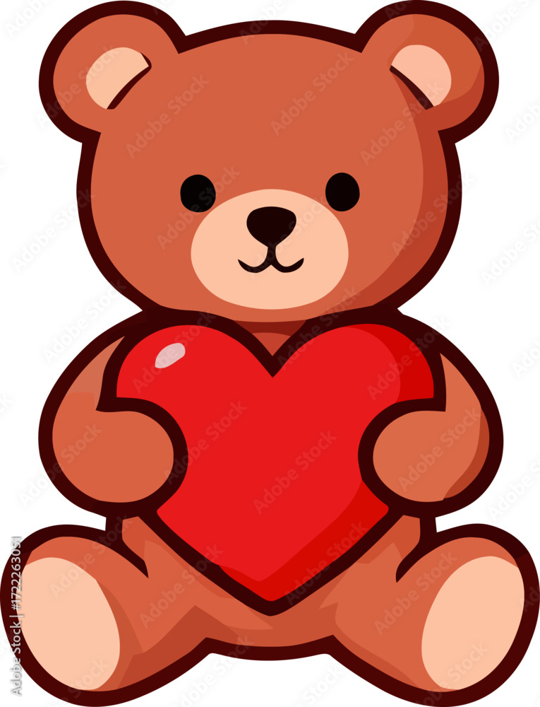 Obraz premium Cute teddy bear holding a red heart in a playful pose