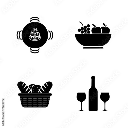 Vector art of celebration feast with cake, fruit, bread, and wine, perfect for a party or special occasion