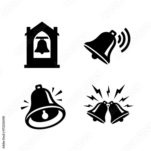 Vector art of collection of bell icons in black silhouette, featuring ringing bells, church bells, and decorative designs