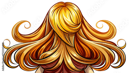 Victor Cartoon vector elegant women’s hair seen from back, long flowing strands, shiny highlights, soft gradients, wavy and straight styles, isolated on white background, graceful and stylish hairstyl