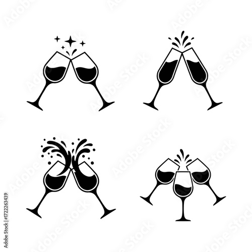 Vector art of collection of champagne glass icons, featuring toasting glasses, celebration, and festive occasion