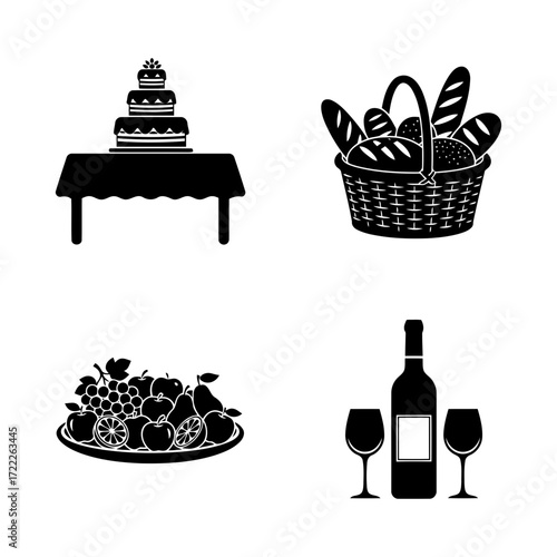 Vector art of a festive spread of cake, bread, fruit, and wine, perfect for a celebratory gathering