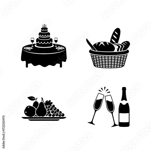 Illustration of cake, basket, fruit, and champagne for a festive celebration or special occasion