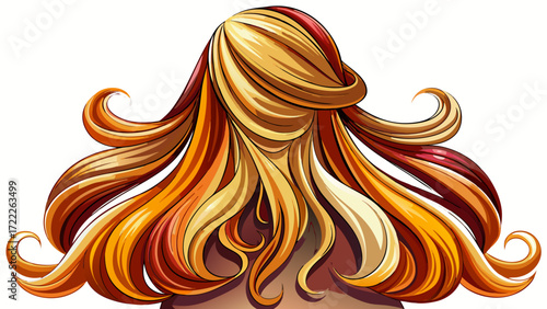 Victor Cartoon vector elegant women’s hair seen from back, long flowing strands, shiny highlights, soft gradients, wavy and straight styles, isolated on white background, graceful and stylish hairstyl