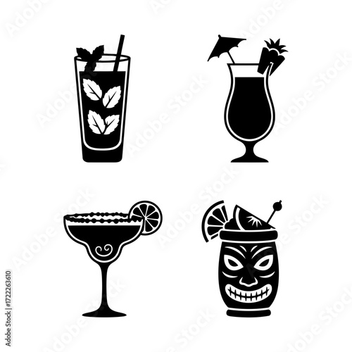 Vector art of collection of cocktail icons featuring mojito, strawberry daiquiri, margarita, and tiki drink for bar menu design