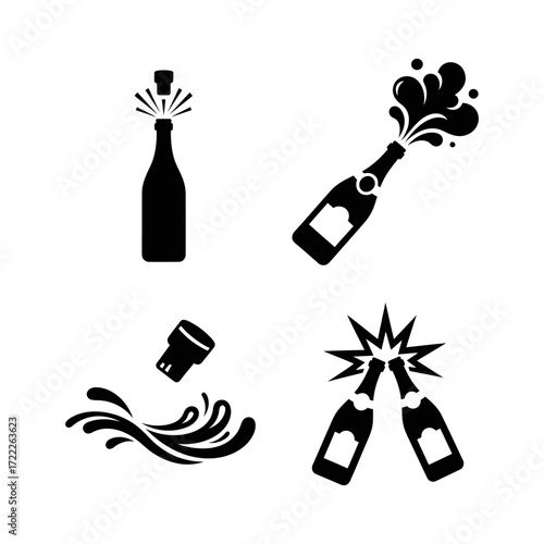 Vector art of celebratory champagne bottle opening icons set of black silhouette illustrations of sparkling wine bottles