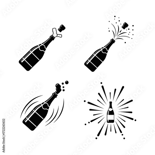 Vector art of collection of champagne bottle popping icons, perfect for celebratory designs and festive event promotions