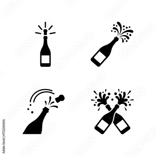 Vector art of collection of champagne bottle popping icons, perfect for celebratory designs and festive event promotions
