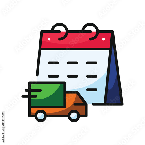 A stylized icon of a delivery truck in front of a calendar