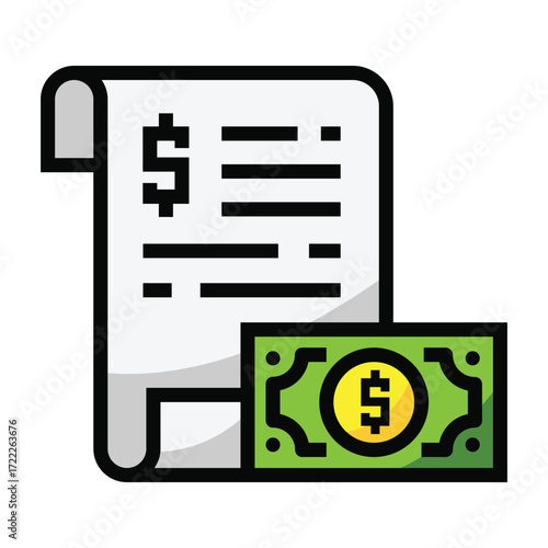 A stylized icon of a bill with a dollar sign and a banknote