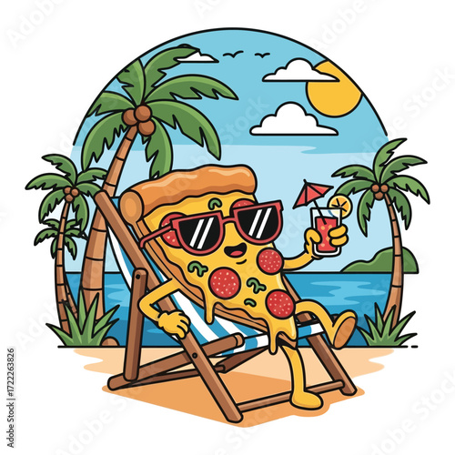 Funny pizza slice relaxing on tropical beach with sunglasses and cocktail