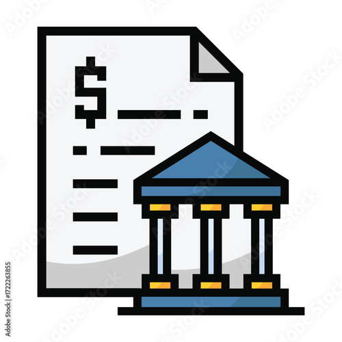 A stylized illustration of a document with a dollar sign and lines next to a building