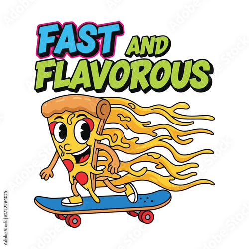 Funny cartoon pizza character skating fast and flavorous delivering delicious food