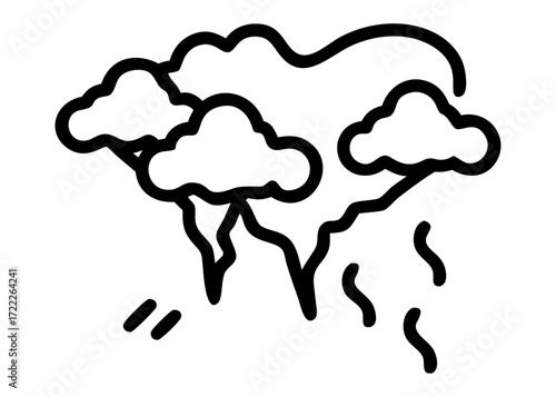 A vector illustration of a cloud with lightning and rain drops, designed as a simple weather icon