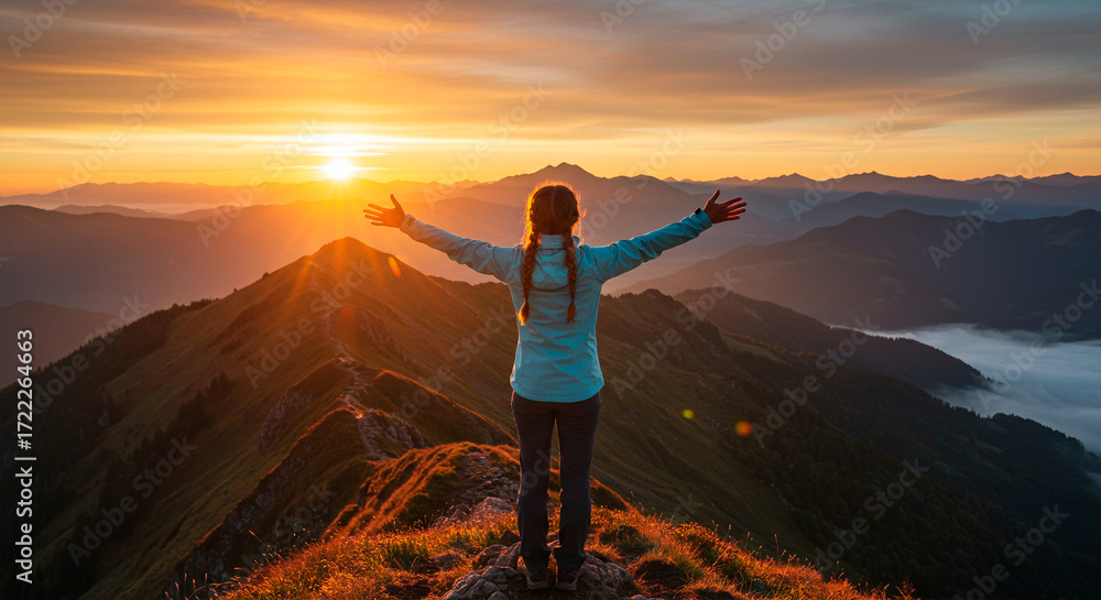 Fototapeta premium Woman with open arms on mountain top at sunset