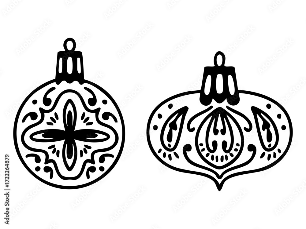 Fototapeta premium Christmas doodle set with two vintage ornaments. Hand drawn line art vector illustration on white background. 