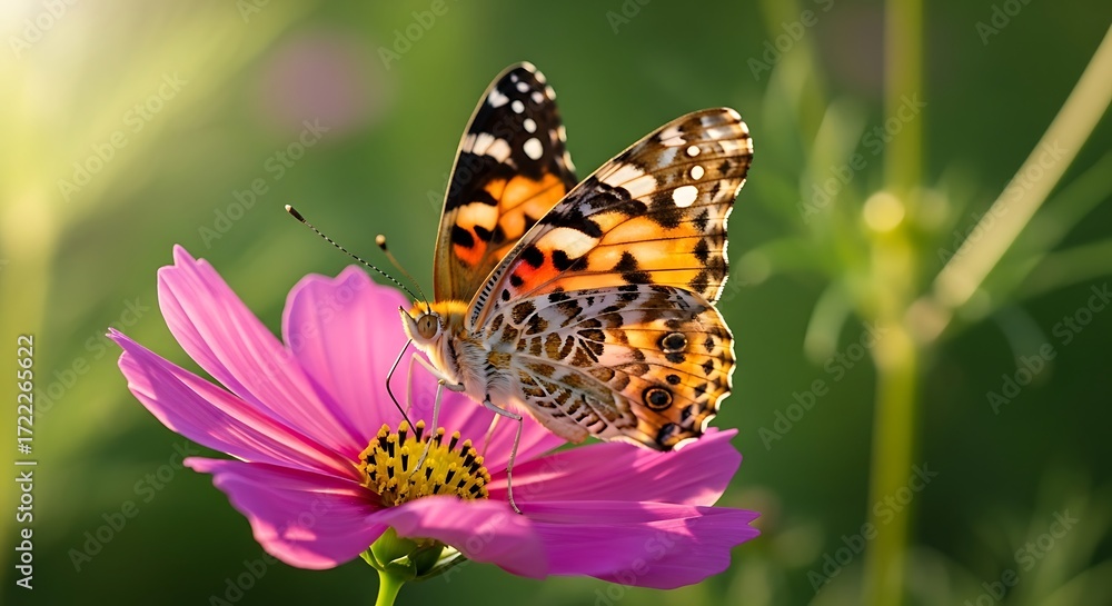 Naklejka premium Painted Lady Butterfly on Pink Cosmos Flower, Soft Green Bokeh Background