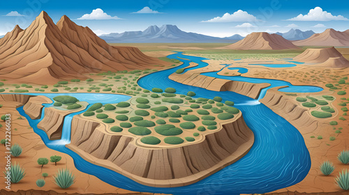 Arid Land and Water Illustration Showing Hydrologic Cycle