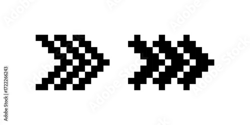 Pixel fast forward arrows icon, Pixel double chevron symbol, 8-bit right arrows, Retro pixelated fast forward buttons, Pixel navigation arrows, Pixel art, Vector illustration.