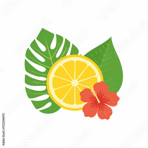 Lemon Slice with Tropical Leaves and Hibiscus Flower