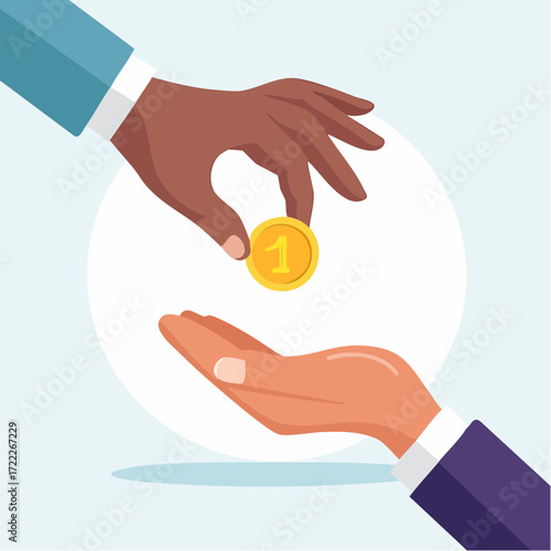 Hand Receiving Gold Coin Donation Flat Illustration