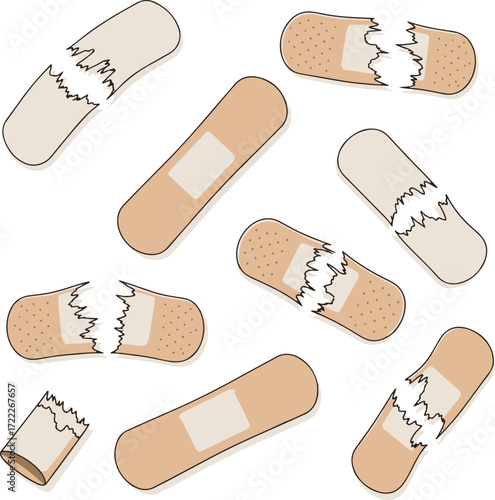 A close-up shot depicts several beige and off-white adhesive bandages scattered