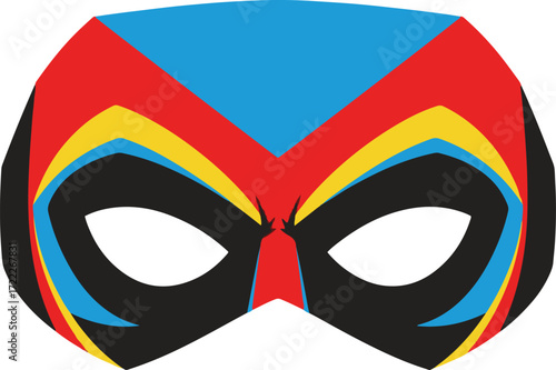 Vibrant pixel art illustration of a superhero mask, featuring bold red, blue, and yellow colors. Perfect for gaming, comics, or party supplies. The design is simple yet striking, ideal for various cre