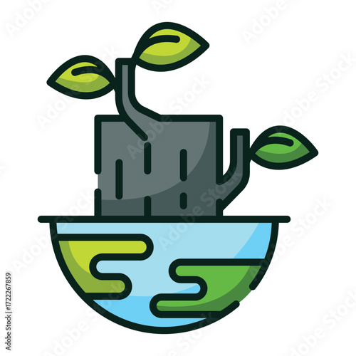 A stylized illustration of a plant growing from a segment of the Earth