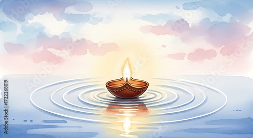 Peaceful Diya Floating on Water with Soft Watercolor Sky