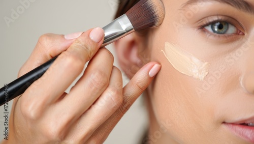 Woman applying liquid foundation to her cheek with a makeup brush, showing a close up on skin preparation for beauty and cosmetic enhancement, focusing on flawless complexion
