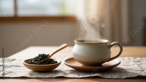 Wallpaper Mural Steaming green tea in a ceramic cup with loose leaves on a wooden spoon, placed on a placemat, creating a warm, cozy atmosphere for relaxation and wellness Torontodigital.ca