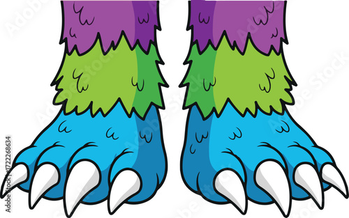  A pair of vibrant monster feet, rendered in a pixel art style. The feet feature purple, green, and blue sections, with sharp claws and a fluffy texture