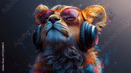 Cool lion cub with headphones and sunglasses rocking out in vibrant digital art creation for music lovers and animal enthusiasts