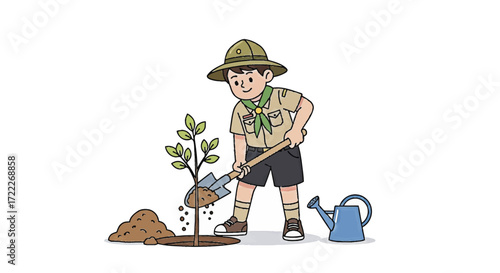 Young boy in a scout uniform carefully planting a new tree sapling for environmental conservation