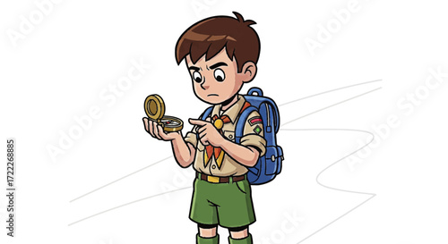 Young Scout holding a compass, navigating with a backpack on, learning outdoor skills