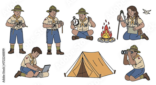 Boy Scouts and Girl Scouts Camping and Outdoor Activities Illustrations