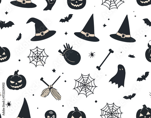 halloween pattern element with witch hat broom pumpkin and ghost
