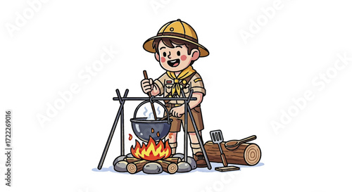 Happy cartoon boy scout cooking a meal in a cauldron over a blazing campfire during an outdoor camping adventure