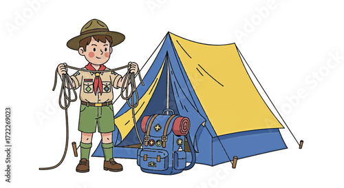 Cartoon Boy Scout Camping with a Tent, Backpack, and Ropes, Ready for an Outdoor Adventure